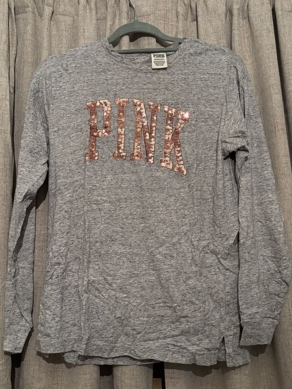 PINK Victoria's Secret Gray Long Sleeve Tee with Rose Gold Sequin Logo